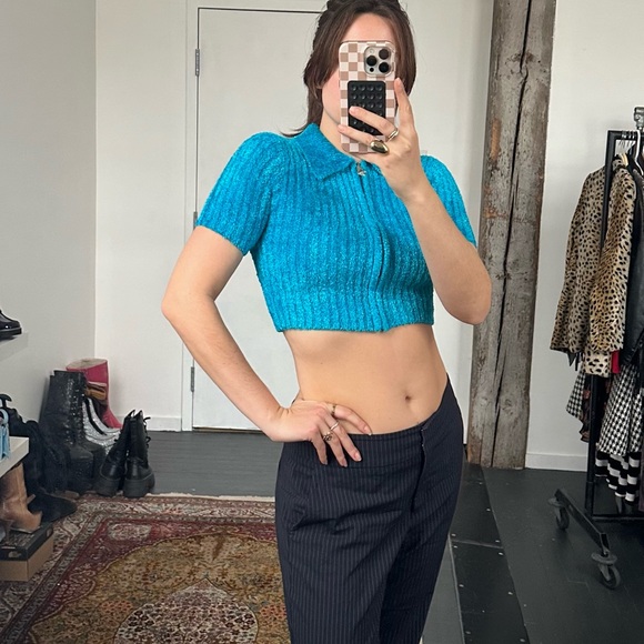Blue y2k Zip Up Crop Sweater - Picture 3 of 3